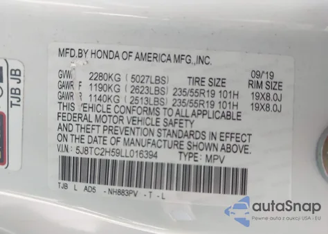 2020 Acura Rdx Technology Package from USA, damaged, VIN 5J8TC2H59LL016394